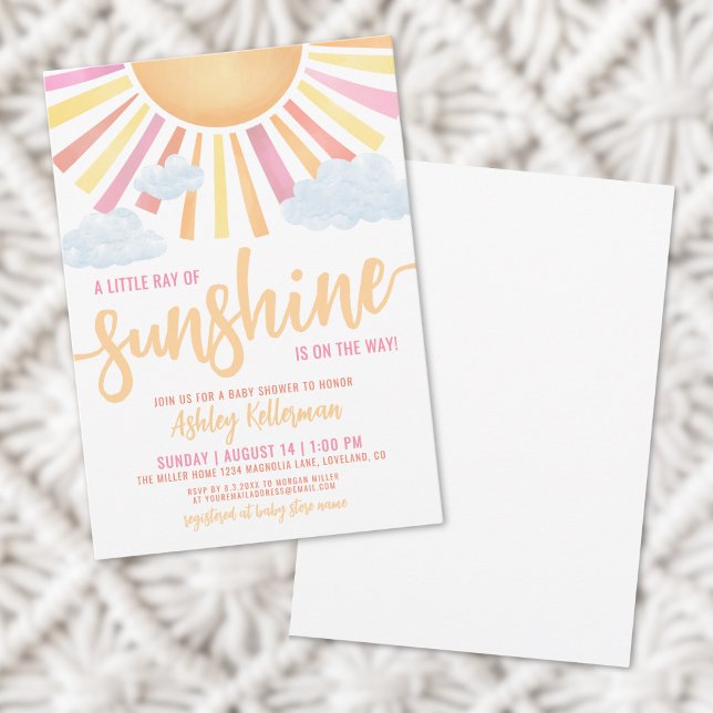 Convites Raio de Sol Festa de Bebê Menina Rosa (Ray Of Sunshine Pink Girl Baby Shower Invitation)