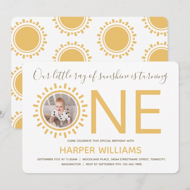 Convites Raio do Sol Foto Bebê Primeiro Aniversário (Frente/Verso)