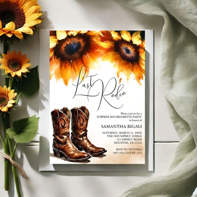 Convites Raiz De Girassol Amarelo Boots Último Rodeio (Bachelorette party invitations last rodeo sunflower and cowboy boots)