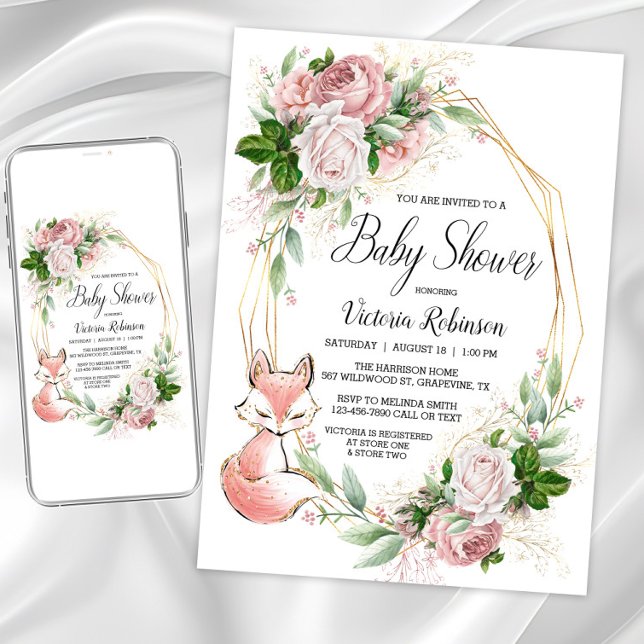 Convites Raiz Fox Watercolor Chá de fraldas (Cute fox pink floral baby shower invitations. Instant download and printed invitations available.)