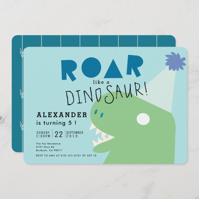 Convites Raiz T-Rex Dinossaur Light Blue Boy's Birthday (Frente/Verso)
