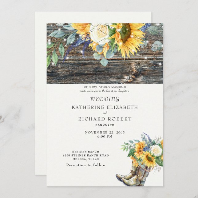 Convites Raízes e Luzes Rústicas De Madeira De Girassol (Frente/Verso)