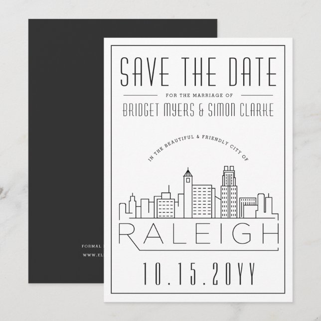 Convites Raleigh Wedding | Skyline Estilizado Salvar a Data (Frente/Verso)