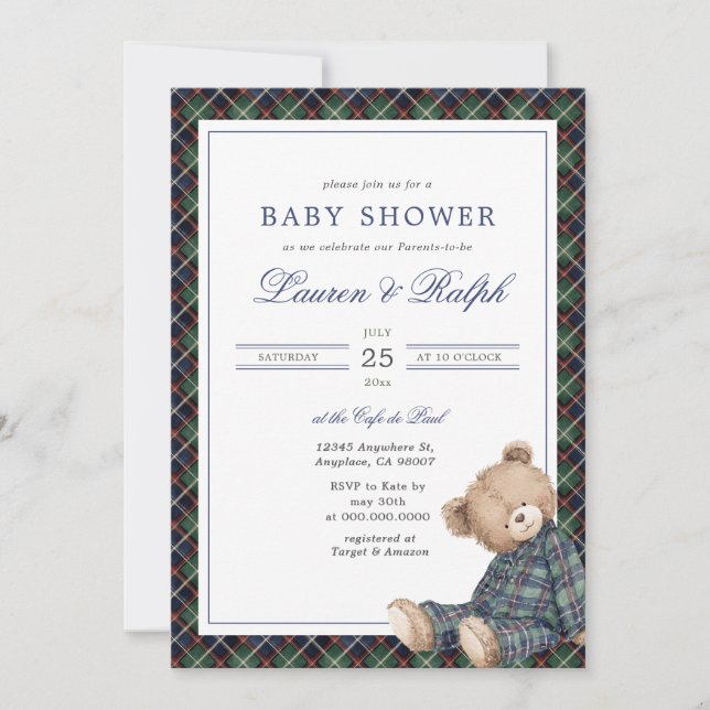 Convites Ralph Plaid Teddy Bear Boy Navy Preppy Baby Shower (Frente)