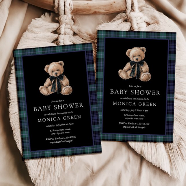 Convites Ralph Teddy Bear Navy Green Plaid Baby Shower (Ralph Christmas Baby Shower Invitation Plaid Green Blue Plaid Tartan Teddy Bear)