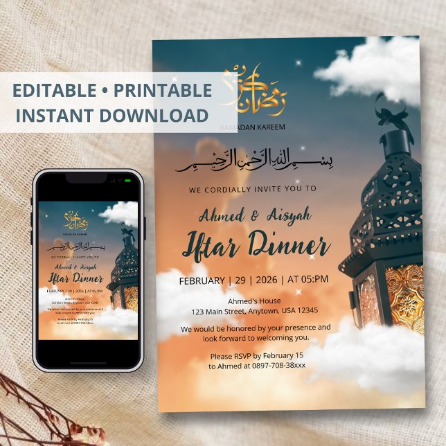 Convites Ramadan Iftar Invitation with Glowing Lantern (Criador carregado)