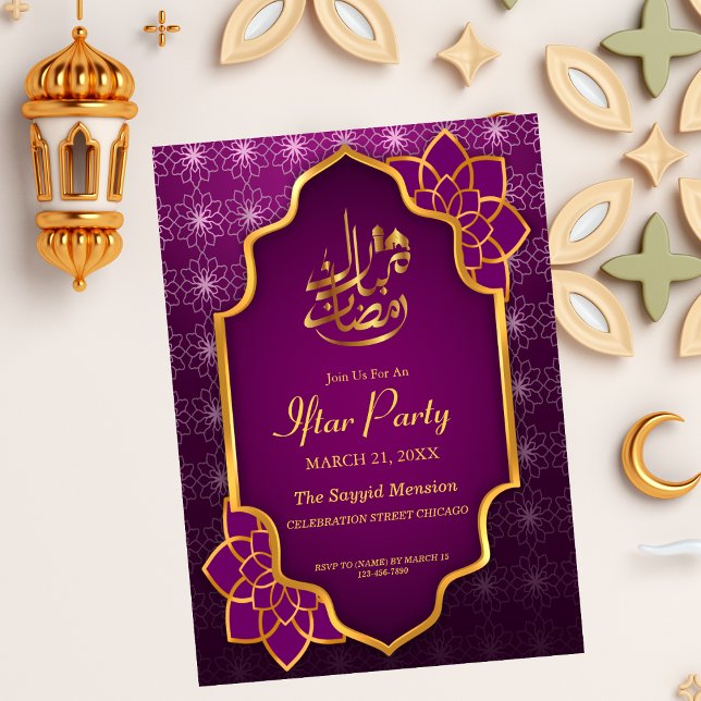 Convites Ramadan Mubarak Purple Ouro Floral Iftar Party (Criador carregado)