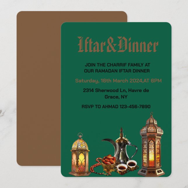 Convites Ramadão Kareem 2025 Jantar de Iftar (Frente/Verso)