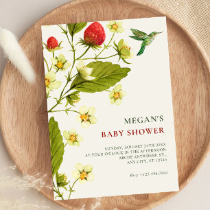 Convites Ramagem floral de morango minimalista baby shower