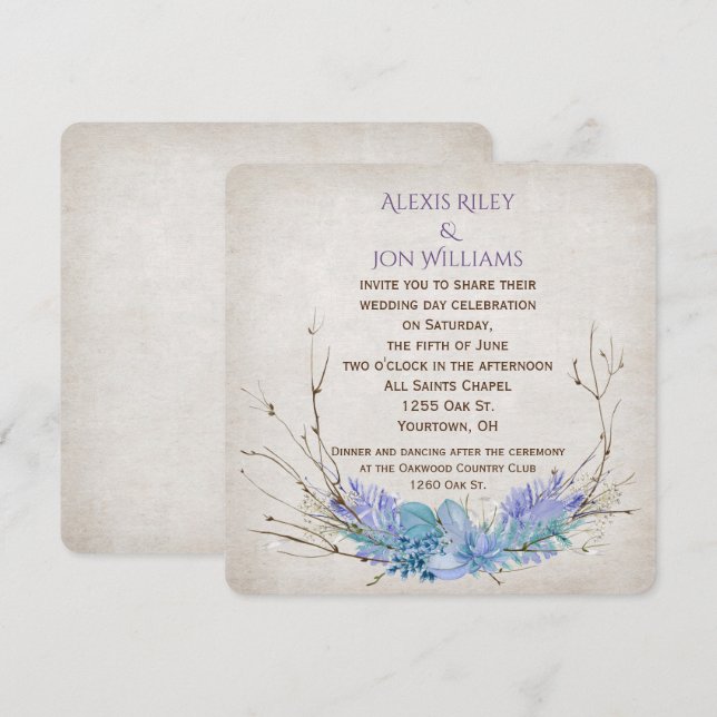 Convites ramalhete de casamento roxo e aqua em textura (Frente/Verso)