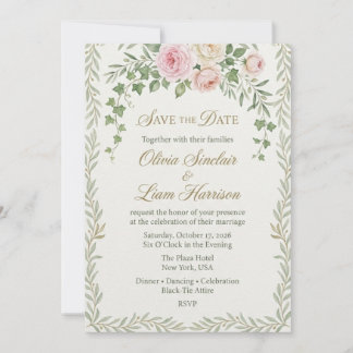 Convites Ramalhete de Rosa e Hera Cor-de-Rosa Save the Date