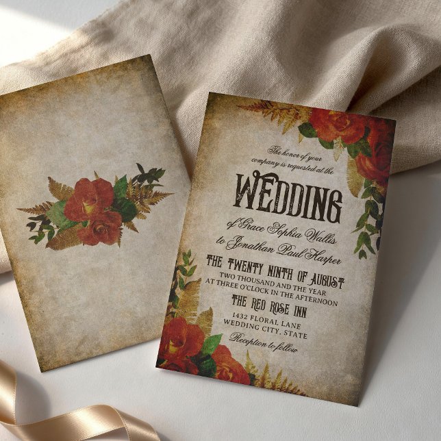 Convites Ramalhetes de Rosas Vermelhas Casamento Vintage (Criador carregado)