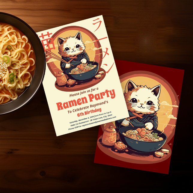 Convites Ramen Festa de aniversário com japonês Ramen Cat (Criador carregado)