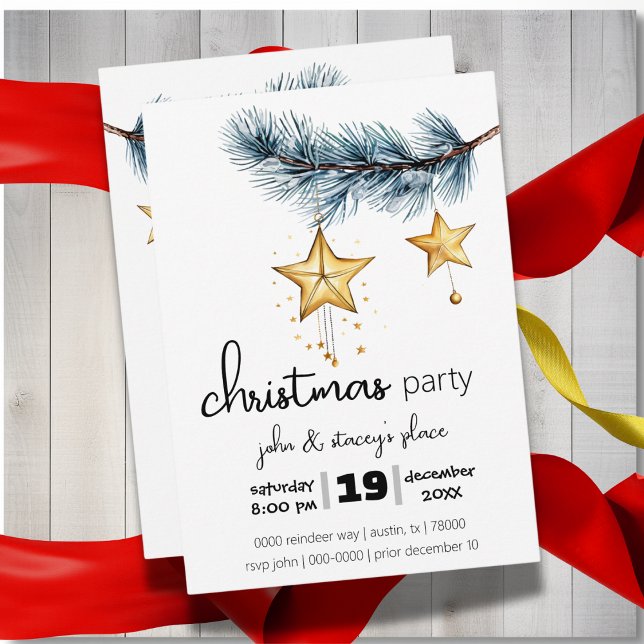 Convites Ramificação da Árvore de Feriados com Festa de Est (Modern holiday party Christmas customizable invitation with pine and gold stars)