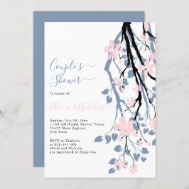 Convites Ramo azul empoeirado, casal de flores rosa