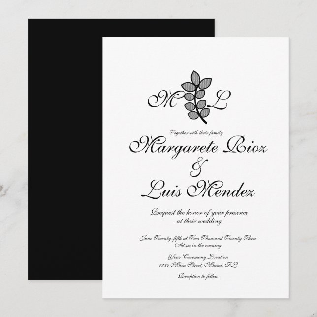 Convites Ramo Botânico Caligrafia Monogramada Casamento  (Frente/Verso)