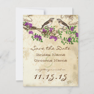 Convites Ramo de Flor Roxa Pássaros Vintage Casamento RSVP