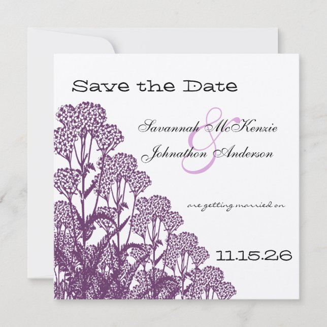 Convites Ramo de Flor Selvagem Roxa Casamento Save the Date (Frente)