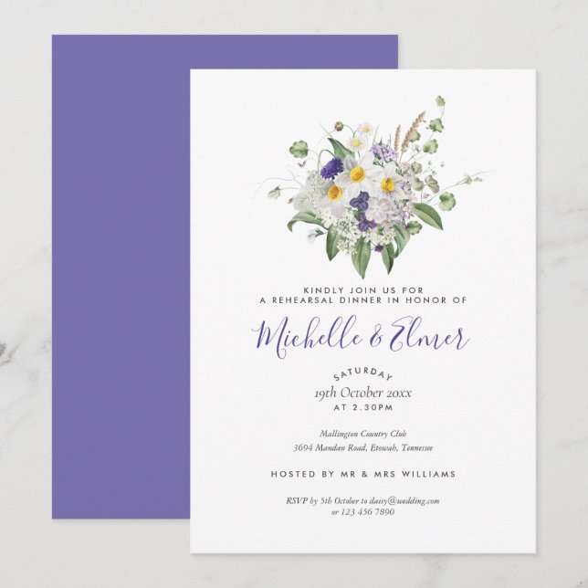 Convites Ramo de Flores Silvestres Country para Jantar de R (Frente/Verso)