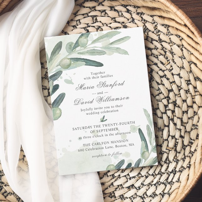 Convites Ramo de folhagem elegante de oliveira para casamen (Elegant Olive Sprig Branch Greenery Wedding Invitation)