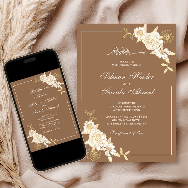Convites Ramo de Folhas Florais Bege Creme Casamento Muçulm (Criador carregado)