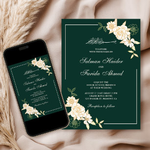 Convites Ramo de Folhas Florais Creme Esmeralda Casamento M
