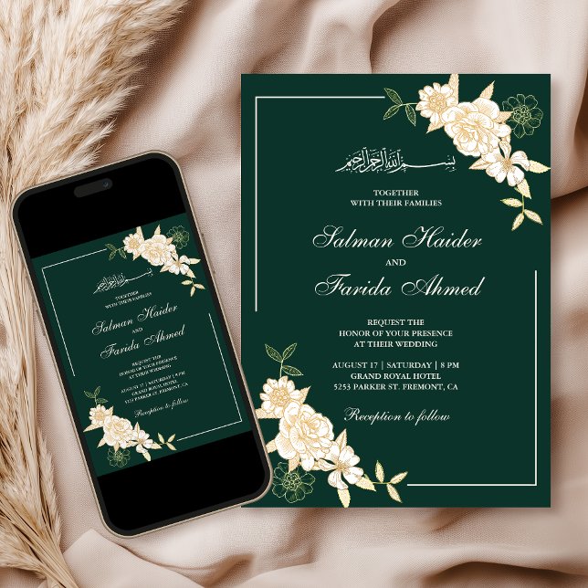 Convites Ramo de Folhas Florais Creme Esmeralda Casamento M (Criador carregado)