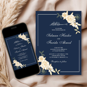 Convites Ramo de Folhas Florais Creme Marinho Casamento Muç
