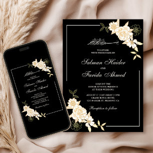 Convites Ramo de Folhas Florais Creme Preto Casamento Muçul