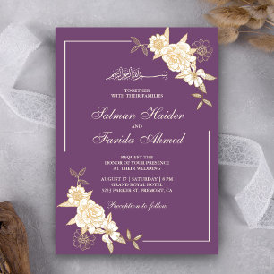 Convites Ramo de Folhas Florais de Marfim Roxo Casamento Mu