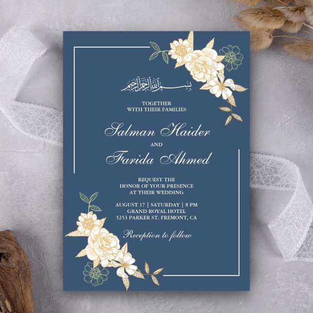 Convites Ramo de Folhas Florais Marfim Azul Casamento Muçul (Criador carregado)
