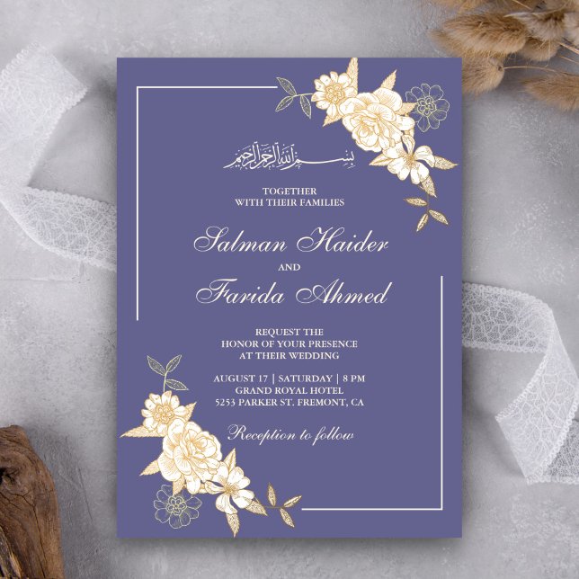 Convites Ramo de Folhas Florais Violeta Marfim Casamento Mu (Criador carregado)
