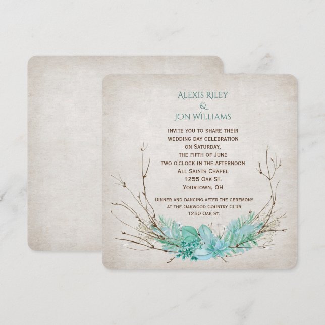 Convites ramo de galho de casamento sobre textura (Frente/Verso)