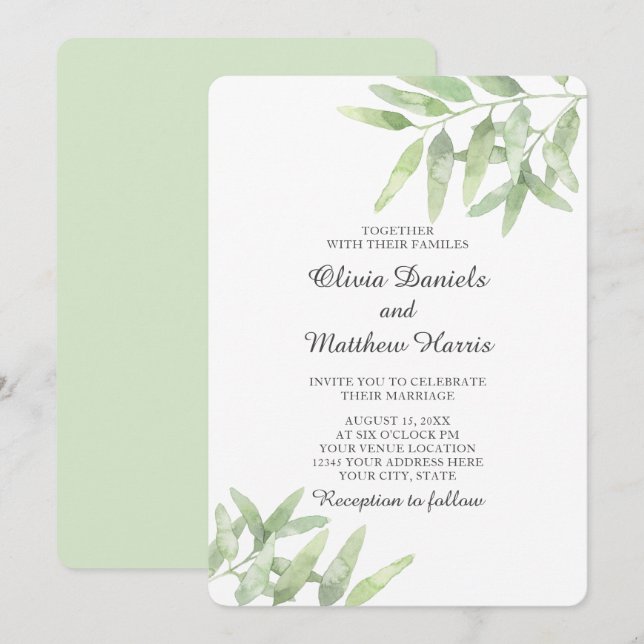 Convites Ramo de Oliva Elegante. Casamento simples botânico (Frente/Verso)