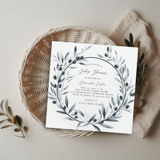 Convites Ramo de Oliva Sexo Chá de fraldas Neutro (olive branch gender neutral baby shower invitation wreath watercolor modern minimalist elegant)