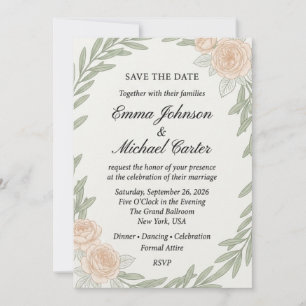 Convites Ramo de Oliveira e Rosa Pêssego Aquarela Casamento