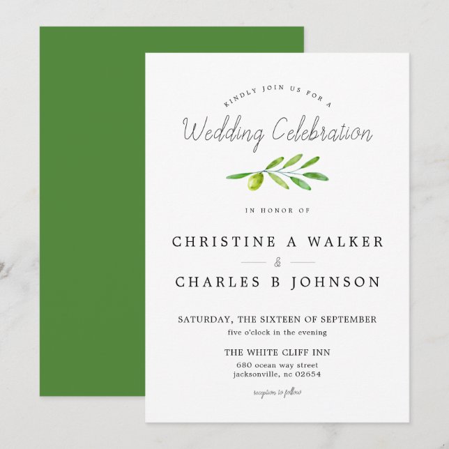 Convites Ramo de Oliveira Script Casamento Clássico (Frente/Verso)