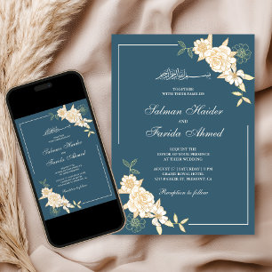 Convites Ramo Floral Creme Azul Empoeirado Casamento Muçulm