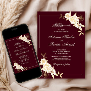 Convites Ramo Floral Creme Borgonha para Casamento Muçulman