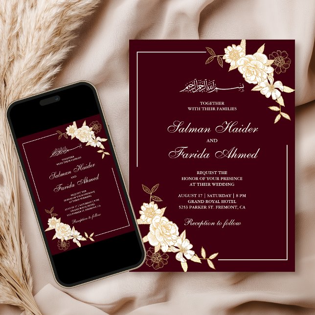 Convites Ramo Floral Creme Borgonha para Casamento Muçulman (Criador carregado)