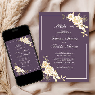 Convites Ramo Floral Creme Roxo Empolvado Casamento Muçulma