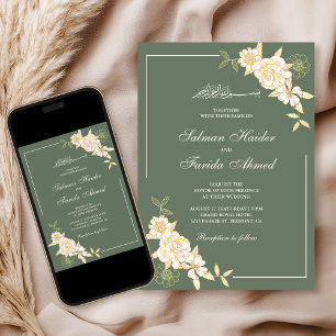 Convites Ramo Floral Creme Verde Salvia para Casamento Muçu