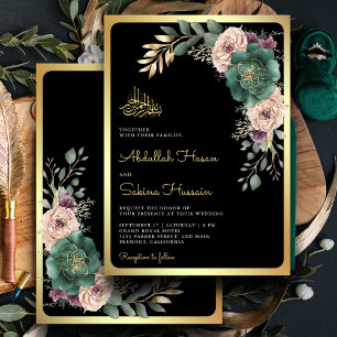 Convites Ramo Floral Esmeralda Código QR Casamento Muçulman