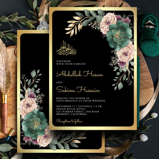 Convites Ramo Floral Esmeralda Código QR Casamento Muçulman (Criador carregado)
