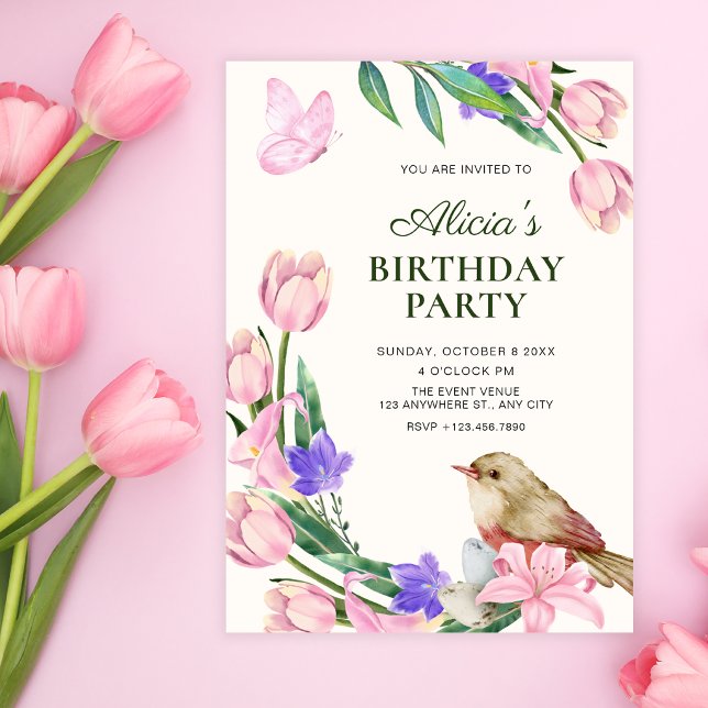Convites ramo floral pássaro aniversário (Criador carregado)