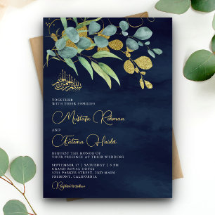 Convites Ramo Islâmico de Casamento Eucalipto Azul Marinho 