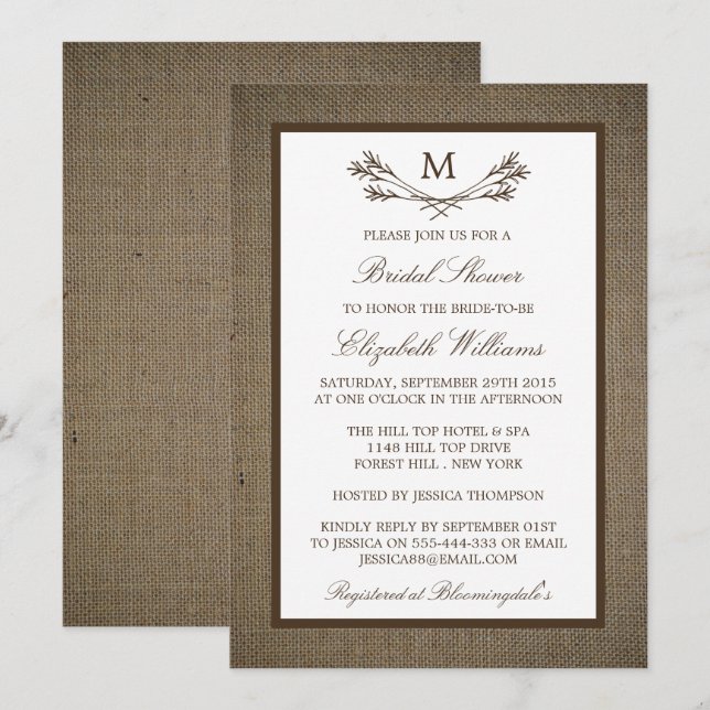 Convites Ramo Monograma Russo No Chá de panela Burlap (Frente/Verso)