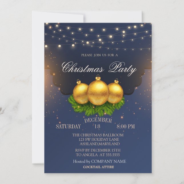 Convites Ramos de Bolas de Natal Companhia de Natal Azul (Frente)