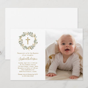 Convites Ramos de Oliva Verde e Dourado   Foto Baptism