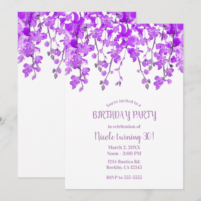 Convites Ramos de Orquídea Roxa Festa de Aniversário Floral (Frente/Verso)